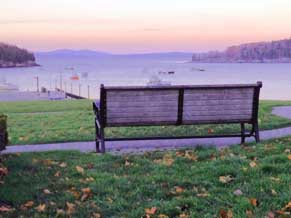 Scene looking out at waterfront of Bar Harbor, Maine